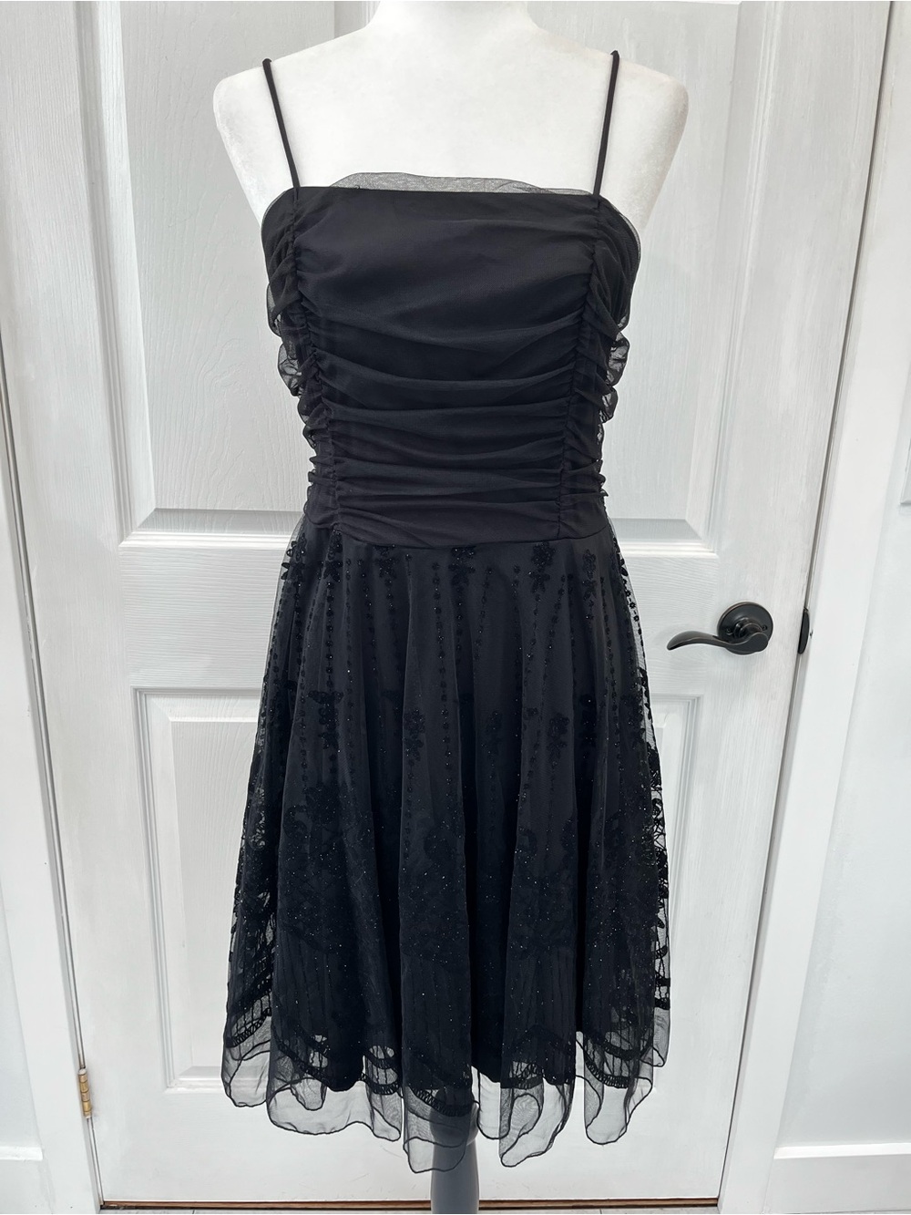 VTG Y2K Jessica Black Sparkle Lace Cocktail Dress Ruched LBD S/M